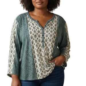 Style & Co Henley Top Womens Size 2X Teal Woodcut Mixed Print Boho Knit Tee